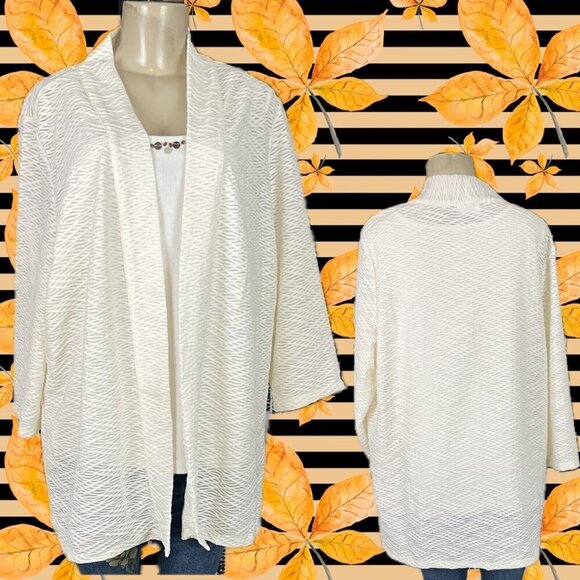 JM Collection +2X Eggshell Mesh Textured Weave Open Front 3/4 Sleeve Jacket - Picture 1 of 6